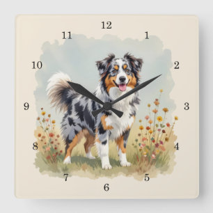 Australischer Schäferhund Merle Langschwanz Quadratische Wanduhr