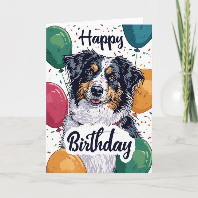 Australischer Schäferhund mit Balloons Geburtstag Karte (Vorderseite)