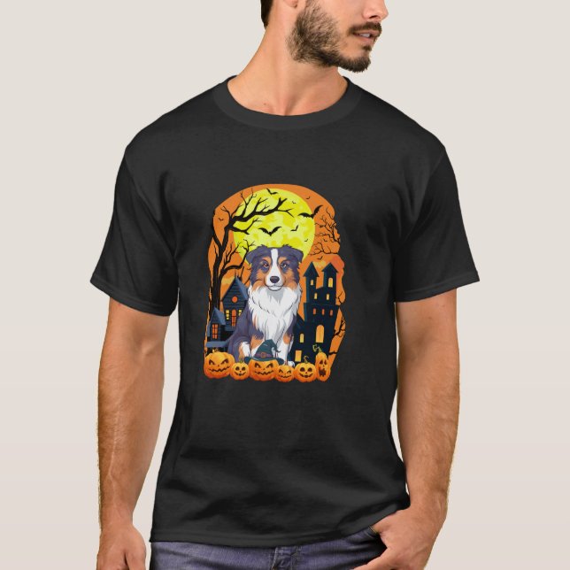 Australischer Schäferhund mit Pumpkins Beängstigen T-Shirt (Vorderseite)