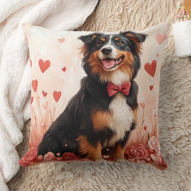 Australischer Schäferhund mit Rose - Valentinstag Kissen (Decke)
