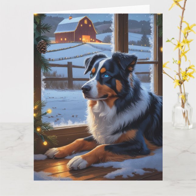 Australischer Schäferhund mit Weihnachtsbeleuchtun Karte (Gelbe Blume)