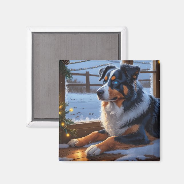 Australischer Schäferhund mit Weihnachtslichtern U Magnet (Vorderseite/Rückseite)