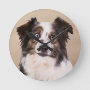 Australischer Schäferhund Ölbild Kunst Runde Wanduhr