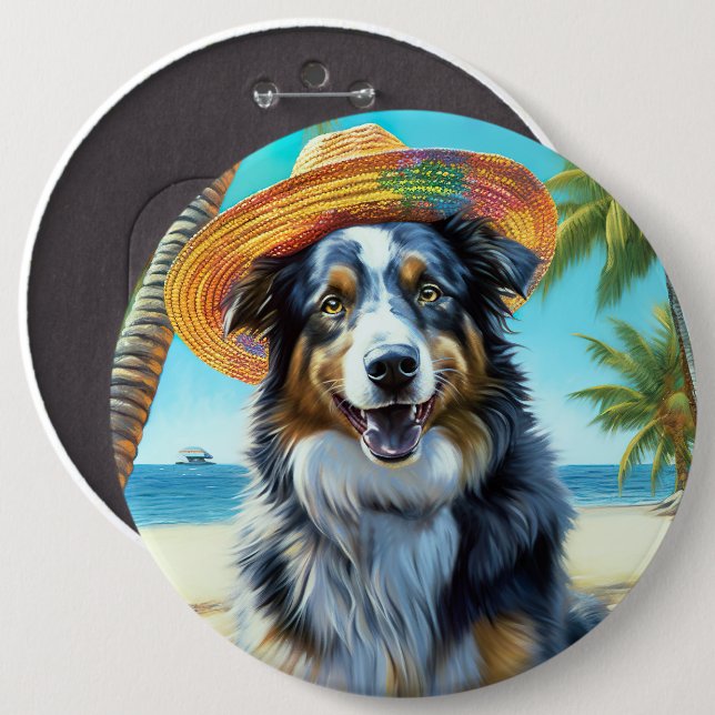 Australischer Schäferhund On Beach Liebhaber Somme Button (Vorne & Hinten)