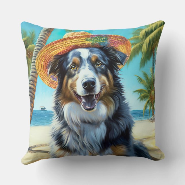 Australischer Schäferhund On Beach Liebhaber Somme Kissen (Rückseite)
