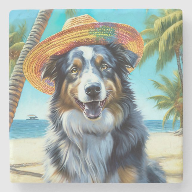 Australischer Schäferhund On Beach Liebhaber Somme Steinuntersetzer (Vorderseite)
