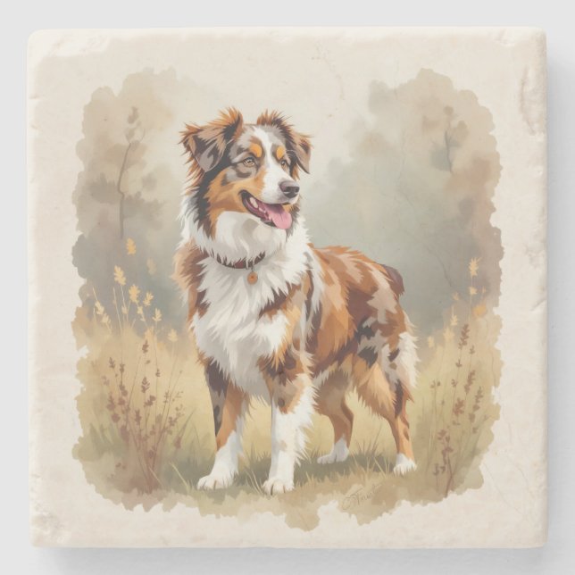 Australischer Schäferhund Rot Merle Aussie Steinuntersetzer (Vorderseite)