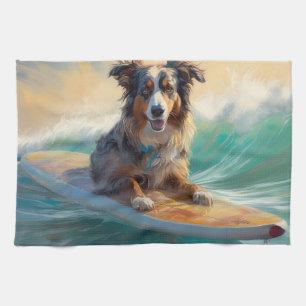 Australischer Schäferhund Strand Surfen Malerei Geschirrtuch