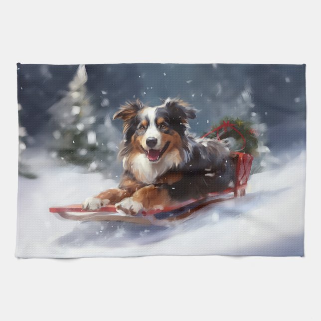 Australischer Schäferhund Weihnachtsschnee im Wint Geschirrtuch (Horizontal)