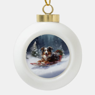 Australischer Schäferhund Weihnachtsschnee im Wint Keramik Kugel-Ornament