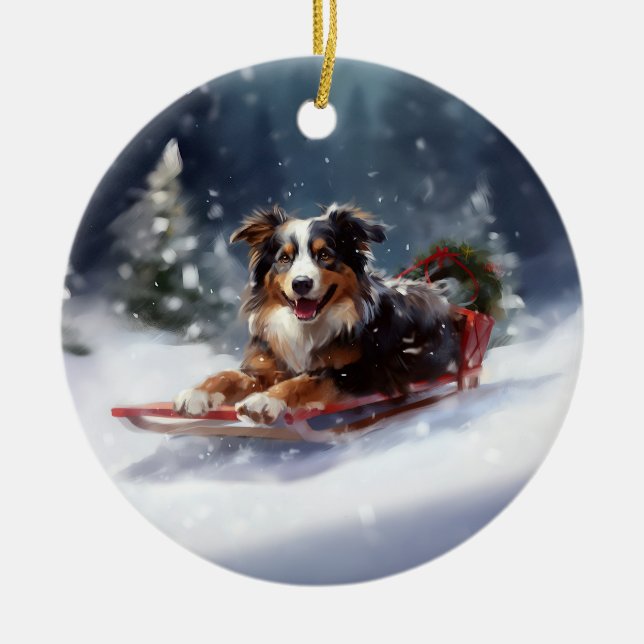 Australischer Schäferhund Weihnachtsschnee im Wint Keramik Ornament (Vorne)