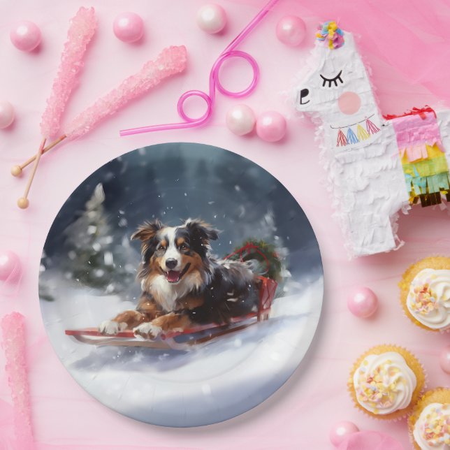 Australischer Schäferhund Weihnachtsschnee im Wint Pappteller (Party)