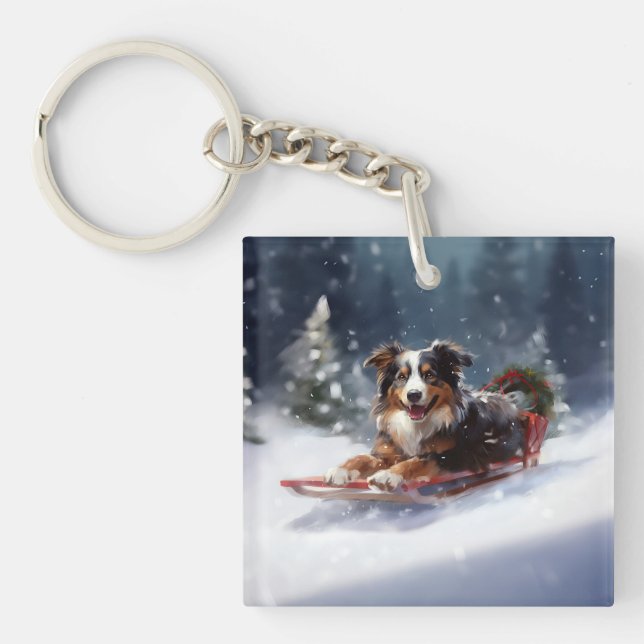 Australischer Schäferhund Weihnachtsschnee im Wint Schlüsselanhänger (Vorderseite)
