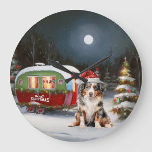 Australischer Schäferhund-Wohnwagen-Weihnachtsaben Große Wanduhr