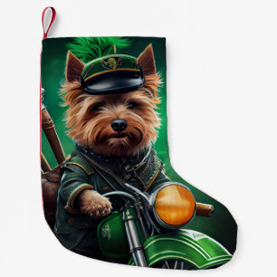 Australischer Terrier fährt Fahrrad am St. Patrick Kleiner Weihnachtsstrumpf
