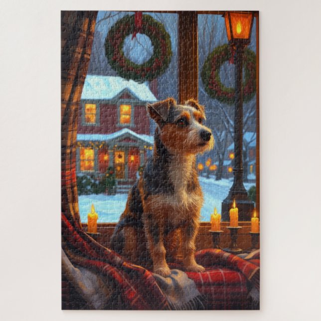 Australischer Terrier mit Weihnachtsbeleuchtung (Vertikal)