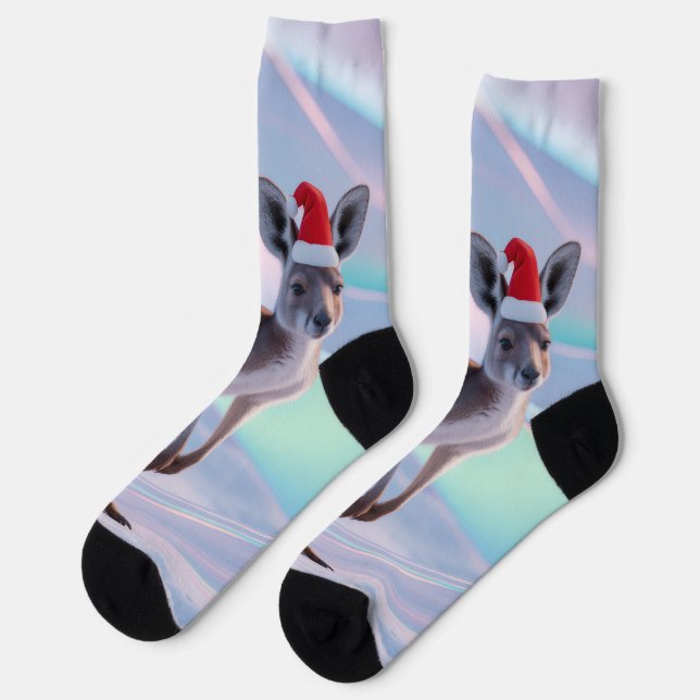 Australischer Weihnachtskänguru – Santa-Hut-Feiert Socken (Linkes Detail)