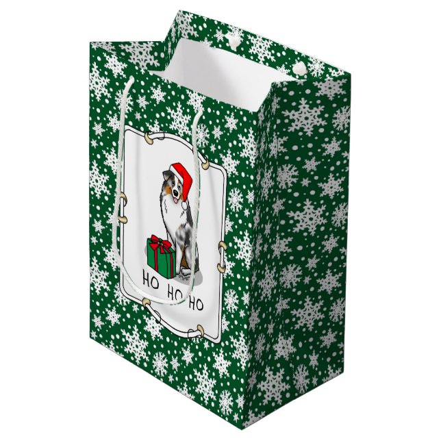 Australischer Weihnachtsschäfer (blauer Merle tan/ Mittlere Geschenktüte (Vorderseite Schrägansicht)