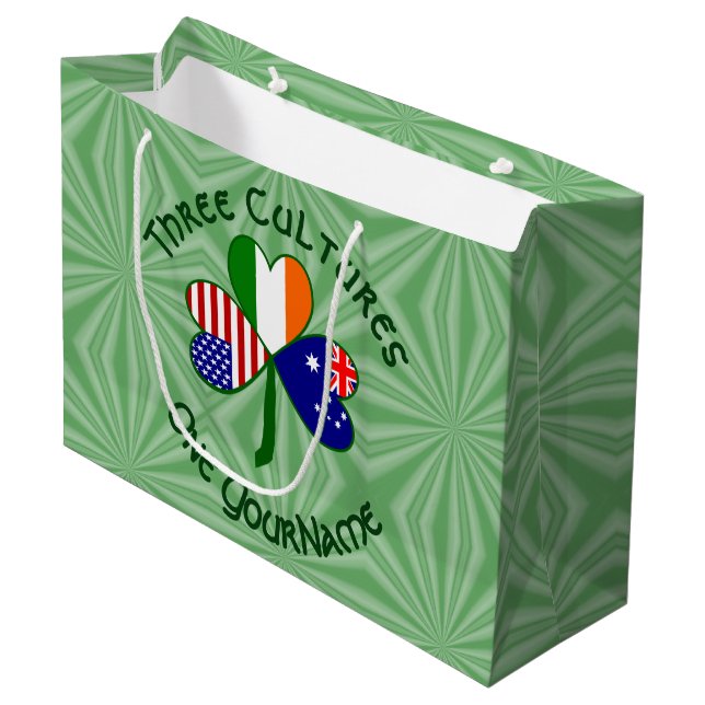 Australisches Irish USA Flags Kleeblatt Personalis Große Geschenktüte (Vorderseite Schrägansicht)