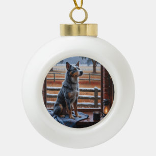 Australisches Rindvieh mit Weihnachtsbeleuchtung F Keramik Kugel-Ornament