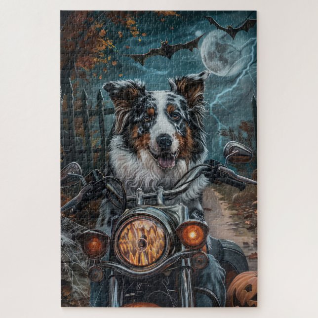 Australisches Shepherd Riding Motorrad Halloween (Vertikal)
