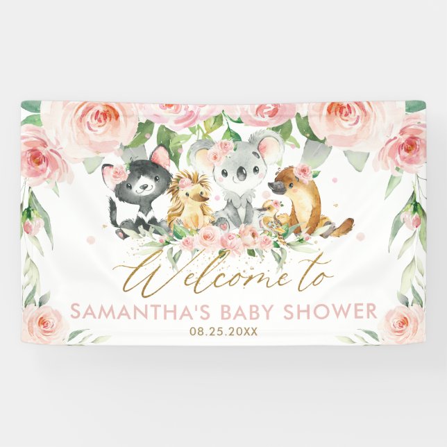 Australisches Tier Pink Floral Baby Dusche Hinterg Banner (Horizontal)