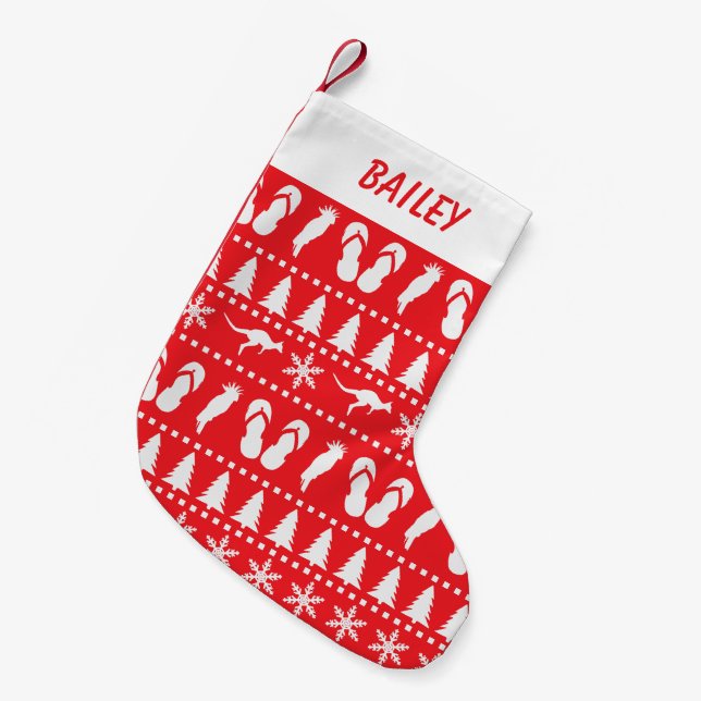 Australisches Weihnachtslied Ugly Sweater Red Kleiner Weihnachtsstrumpf (Vorderansicht (hängend))