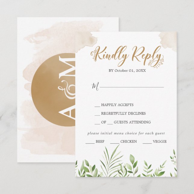 Auswahl der Gold Greenery Menü-Option Hochzeitsrad RSVP Karte (Vorne/Hinten)