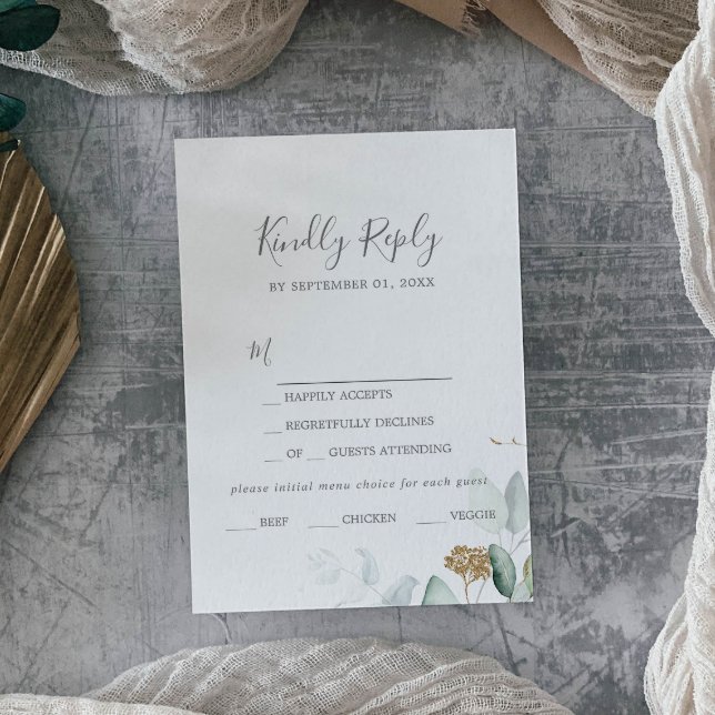 Auswahl der RSVP-Karte für "Airy Greenery and Gold RSVP Karte (Von Creator hochgeladen)
