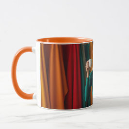 Auswahl eines Stoffes mit Kaffee in Hand 2 Tasse