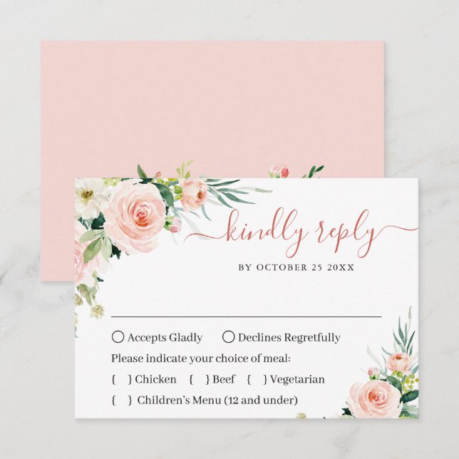AUSWAHL Pink Blush Blume Grüne Hochzeit RSVP Karte (Vorne/Hinten)