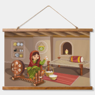 Authentische ländliche Lebensstil-Illustration Wandteppich Mit Holzrahmen