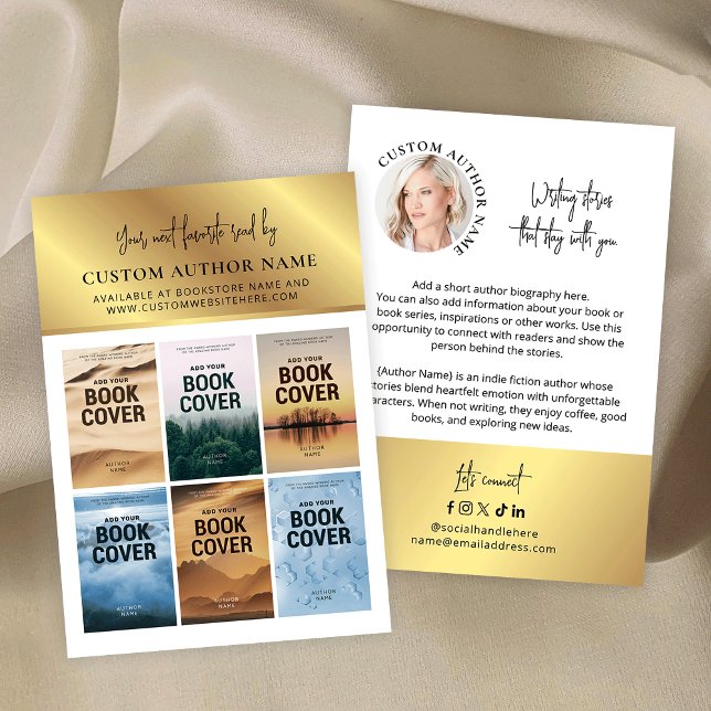 Author Book Series Photo Collage White & Gold Visitenkarte (Faux gold author bibliography marketing business cards with 6 custom book covers and profile photo)