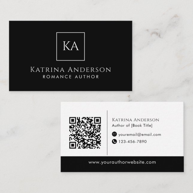 Author QR Code Minimal Elegant Black Branding Visitenkarte (Vorne/Hinten)
