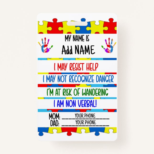 Autism Alert Non verbal Autistic Contact Badge (Devant)