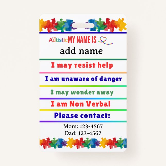 Autism Alert Nonverbal Autistic Contact  Ausweis (Vorderseite)
