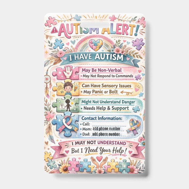 Autism Alert Nonverbal Autistic Contact Badge (Front)