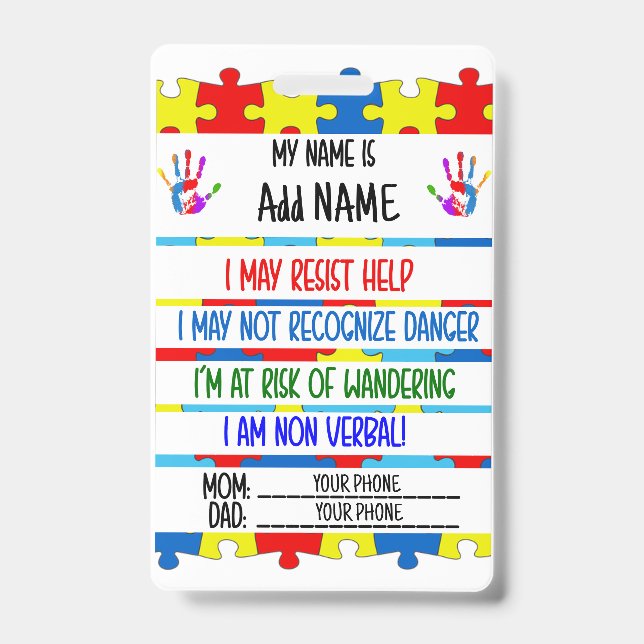 Autism Alert Nonverbal Autistic Contact Badge Ausweis (Front)