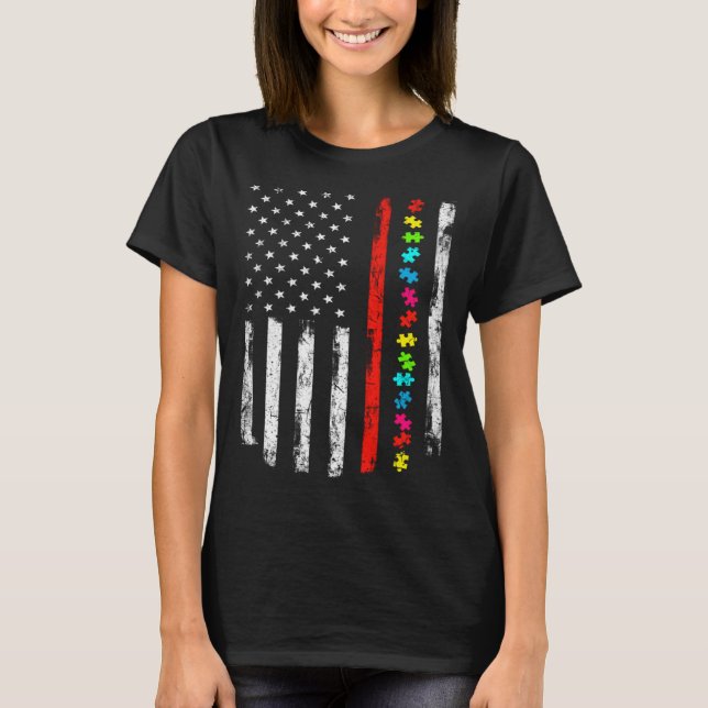 Autism Awareness 4th July Thin Red Line Firefighte T-Shirt (Vorderseite)