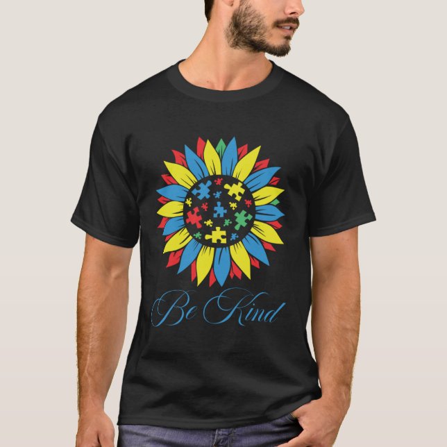 Autism Awareness Be Kind Puzzle Piece Sunflower Wo T-Shirt (Vorderseite)