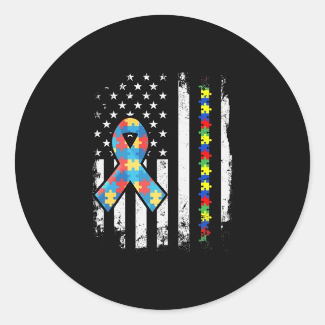 Autism Awareness Puzzle Ribbon American Flag Runder Aufkleber (Vorderseite)