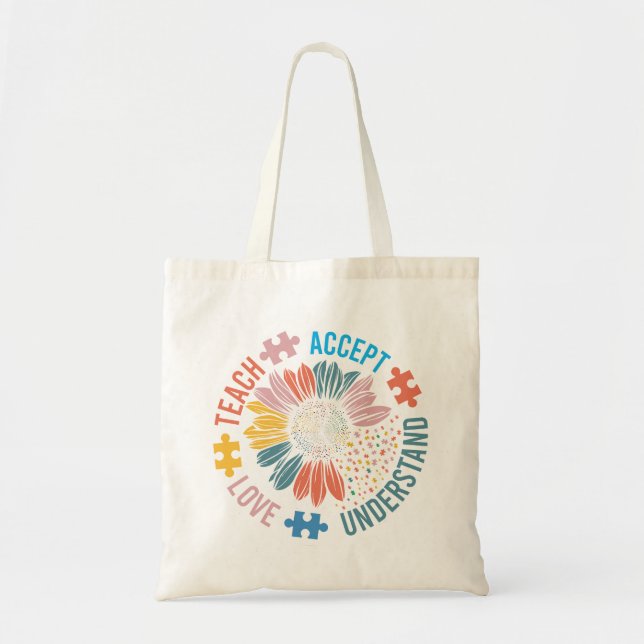 Autism Awareness Sunflower "Teach Love Accept" Tragetasche (Vorne)