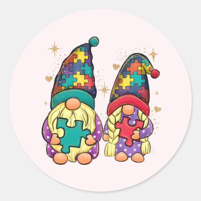 Autism Couple Gnome Runder Aufkleber (Vorderseite)