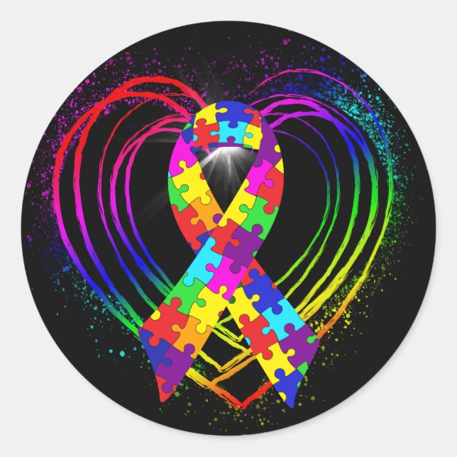 Autism Ribbon on Heart: Runder Aufkleber (Vorderseite)