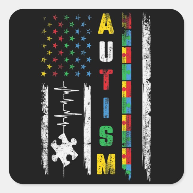 Autismus American Flag Puzzle Autismus Bewusstsein Quadratischer Aufkleber (Vorderseite)