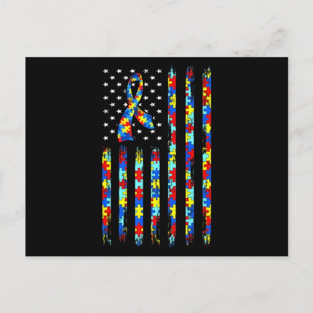 Autismus Awareness Shirt American Flag Ribbon Puzz Postkarte (Vorderseite)