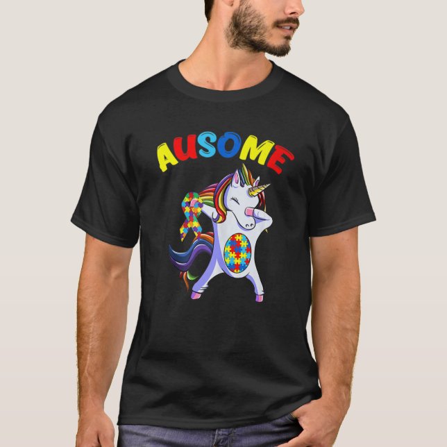 Autismus Awerness Dabbing Unicorn Ausome T-Shirt (Vorderseite)