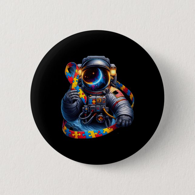 Autismus Bewusstsein Astronautin Gelbblauer Hunder Button (Vorderseite)