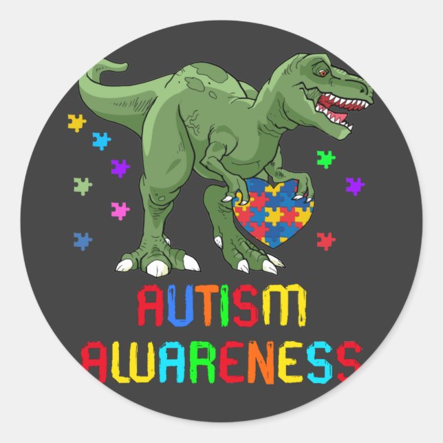 Autismus Bewusstsein Dinosaurier Runder Aufkleber (Vorderseite)