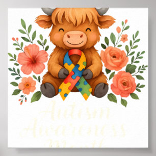 Autismus-Bewusstsein Highland Cow Flora Poster